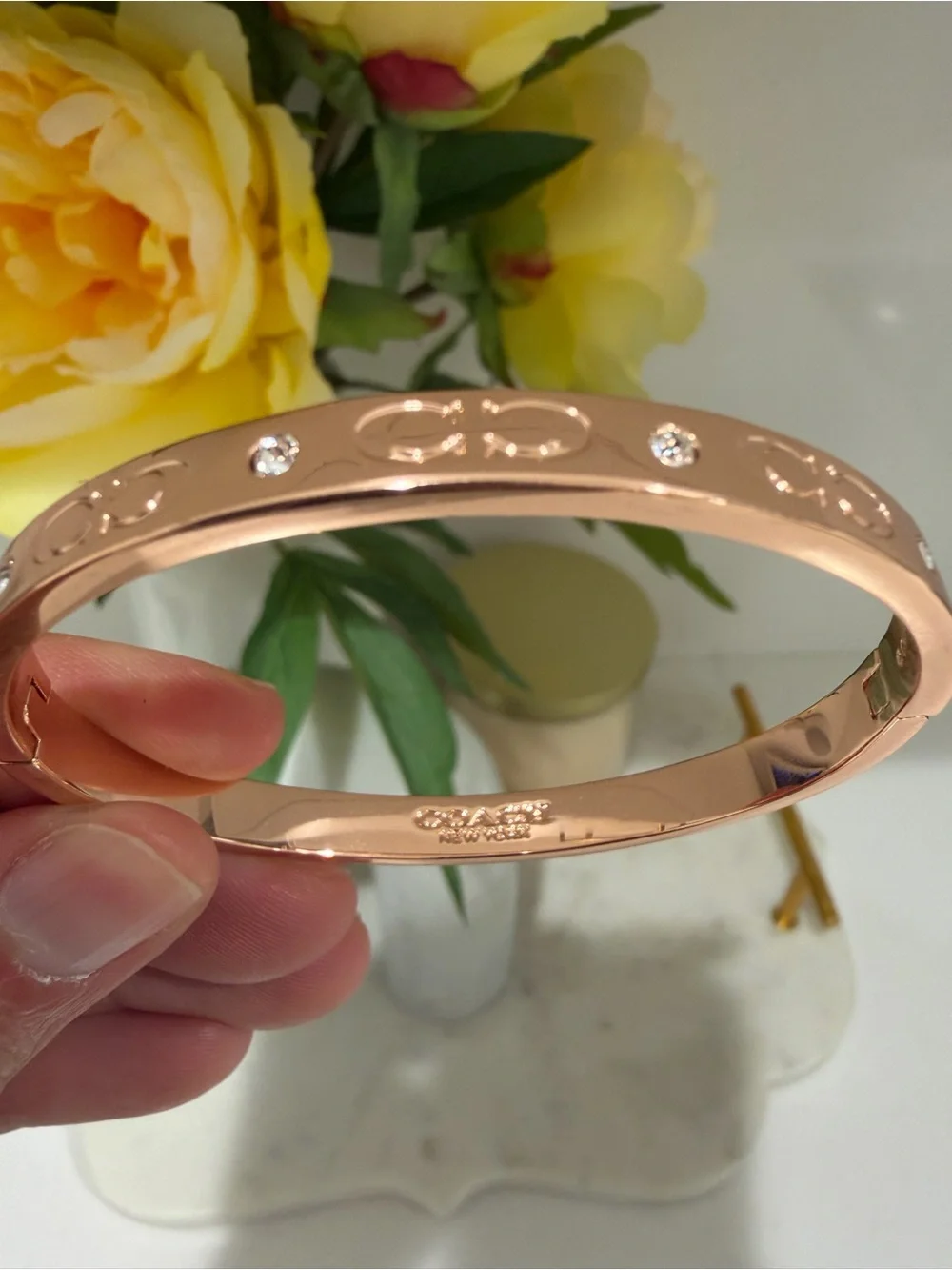 Coach Rose Gold Logo & Crystal Signature Bangle Bracelet